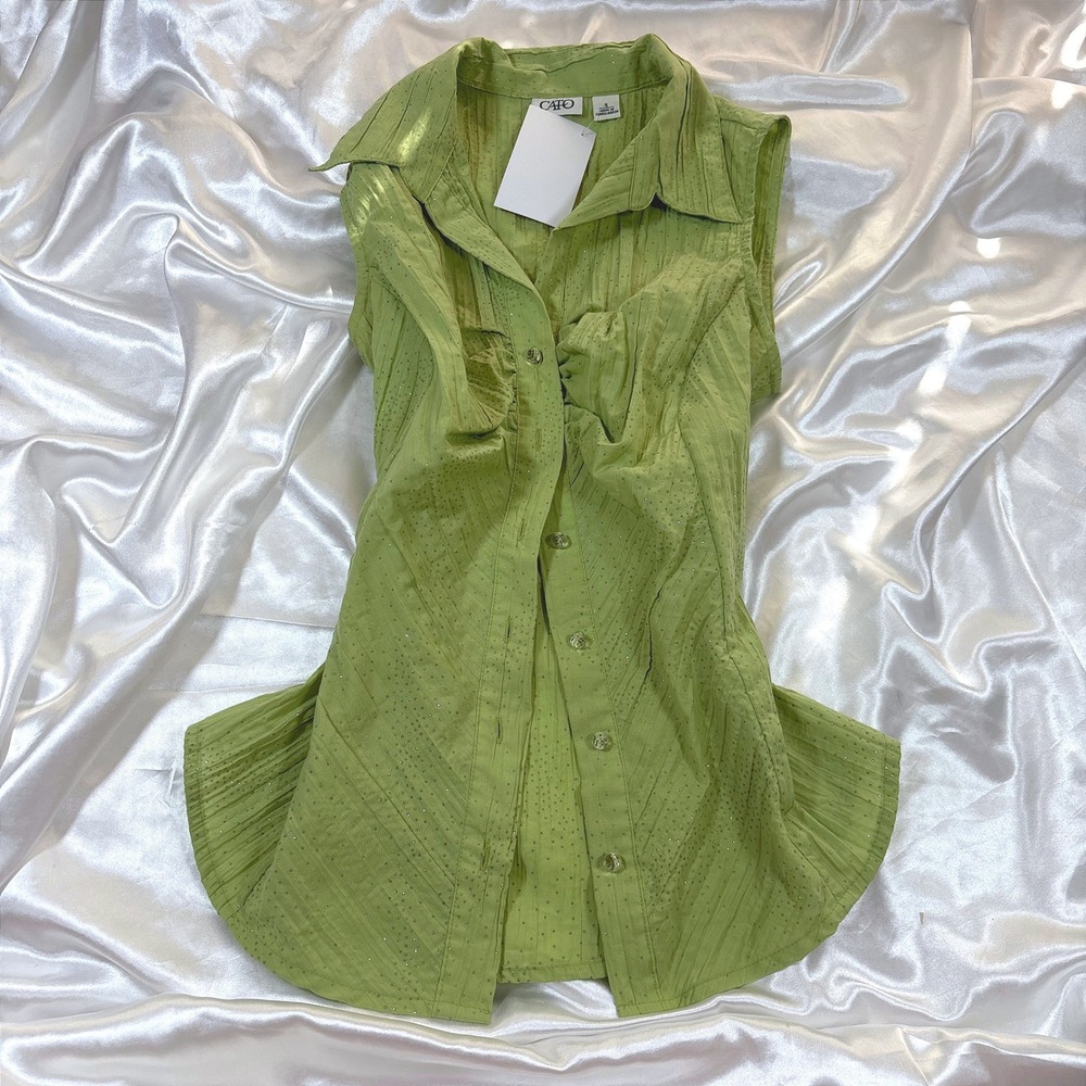 y2k Cato Sleeveless Top Green Excellent Glitter Ruched Button Down Blouse